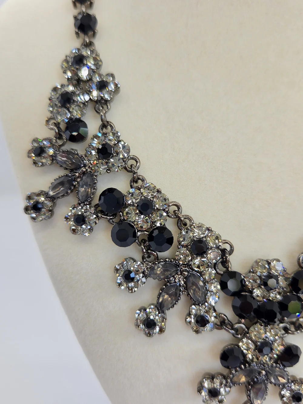 Elegant Black and Crystal Statement Necklace and Earrings Set, Vintage